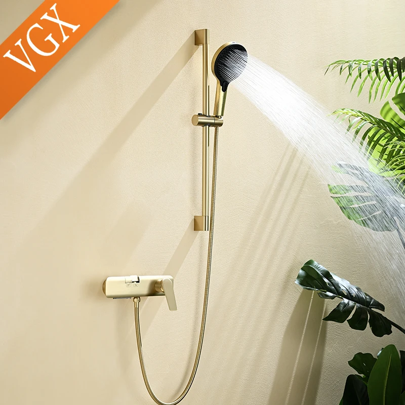 VGX Simple Shower Set with Lifting Bar Bathtub Shower Faucet Bathroom Shower Mixer Tap With Lifting Rod Rose Gold Shower System