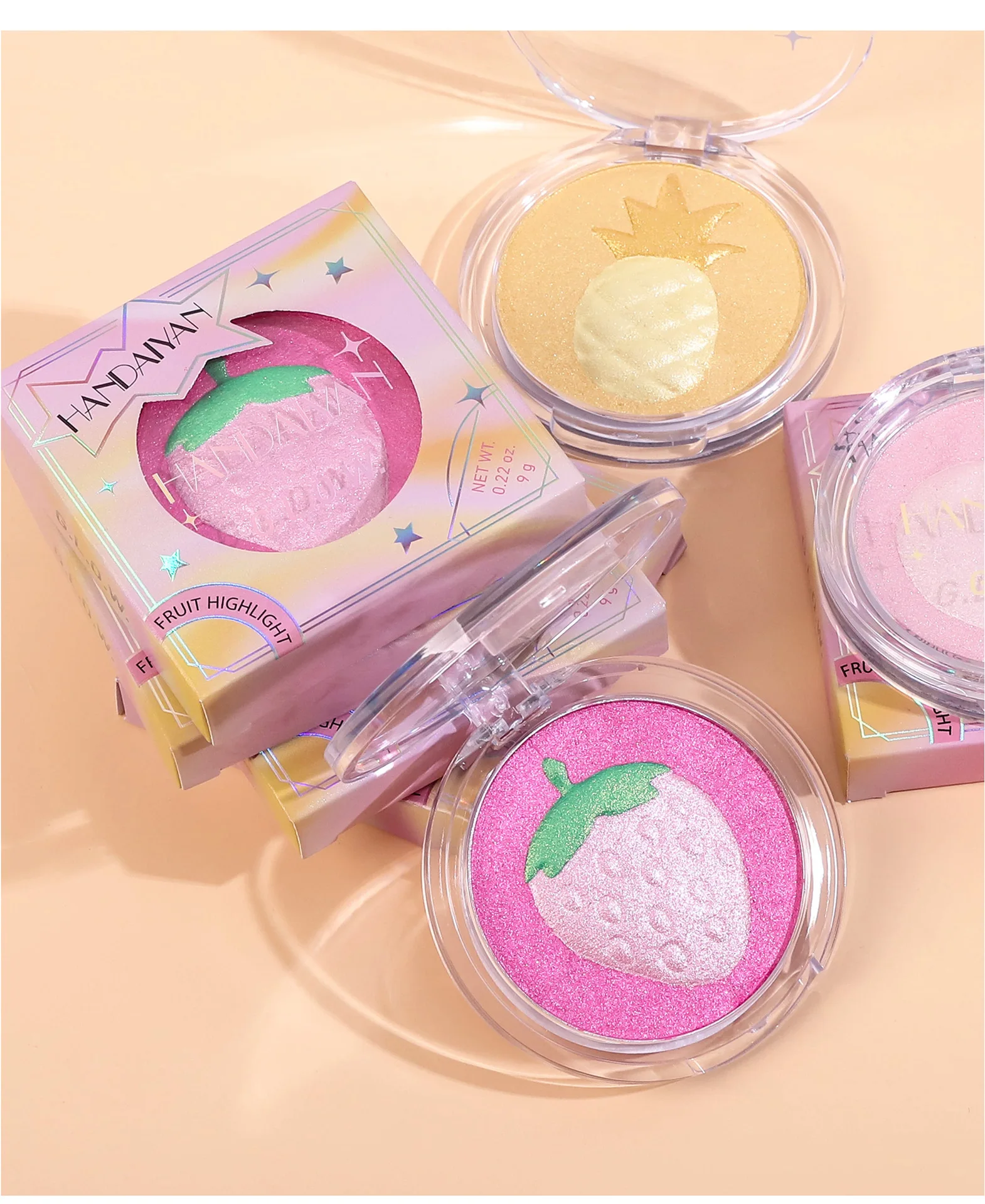 High Gloss Powder With Fruit Pattern 3d Diamond Glitter Highlighter Powder Cute Peach Pink Silver Facial Shadow Brightening