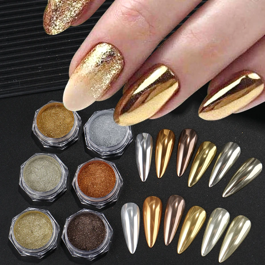 6er Box Gold Silber Metallic Spiegel Glitzer Nail Art Staub Champagner Gold Chrom Pulver Reiben Pigment Flake Staub Dekorationen
