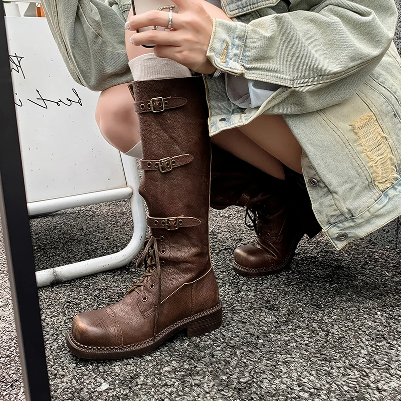 Arden Furtado Women's Genuine Leather Knee High Boots Lace-Up Platform Chunky Heel Belt Buckle Motorcycle Boot Pull-On Style view 2