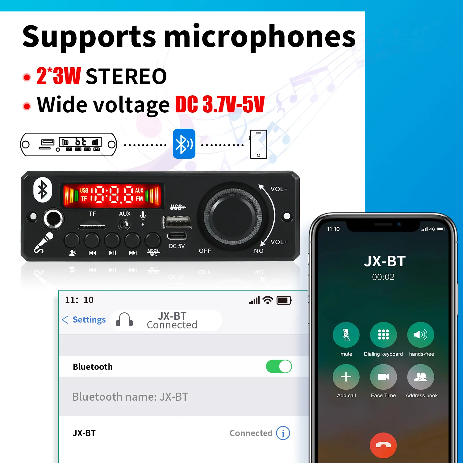 2*3W 6W wzmacniacz 5V płyta dekodera MP3 Bluetooth 5.0 Stereo samochód DIY Audio MP3 odtwarzacz FM Radio TF USB 6.5mm Mic jack rekord rozmowy