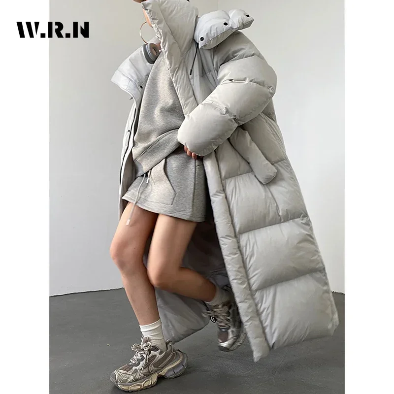 Casual Solid Color Long Sleeve Outerwear Women\'s Hooded X-Long Parkas Jacket 2024 Winter Oversized Single Breasted Grey Coat