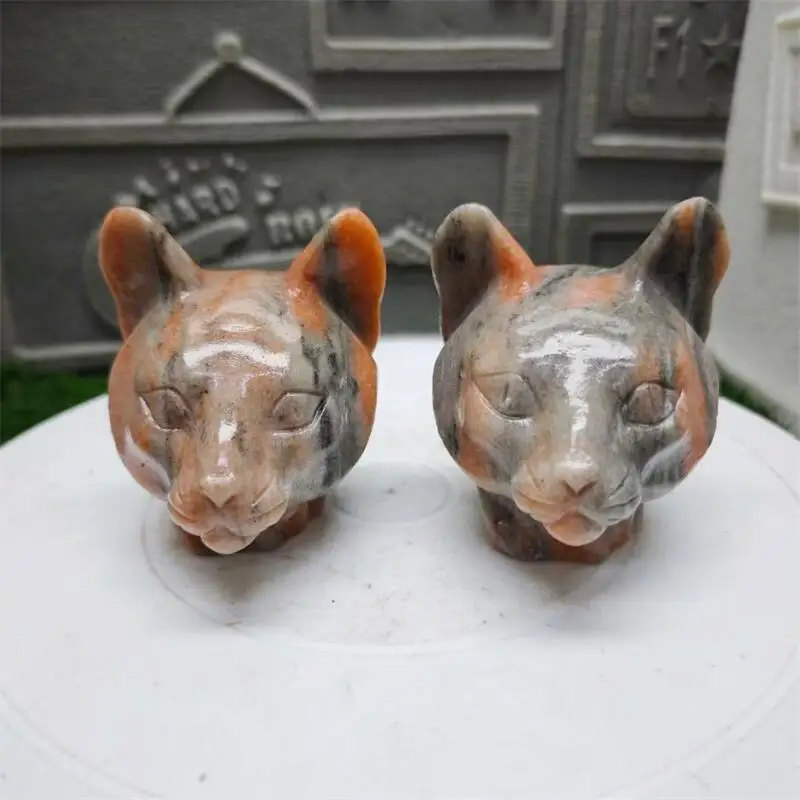 Natural Sunstone Cat Head Carving Quartz Healing Crystal Stone Cute Birthday Present Home Decoration 1set 7x8x8cm