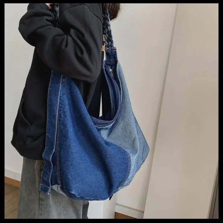 

Ins Autumn Vintage Crossbody Cowboy Large Capacity Splicing Single Shoulder Canvas Bag Causal Hobos Bags