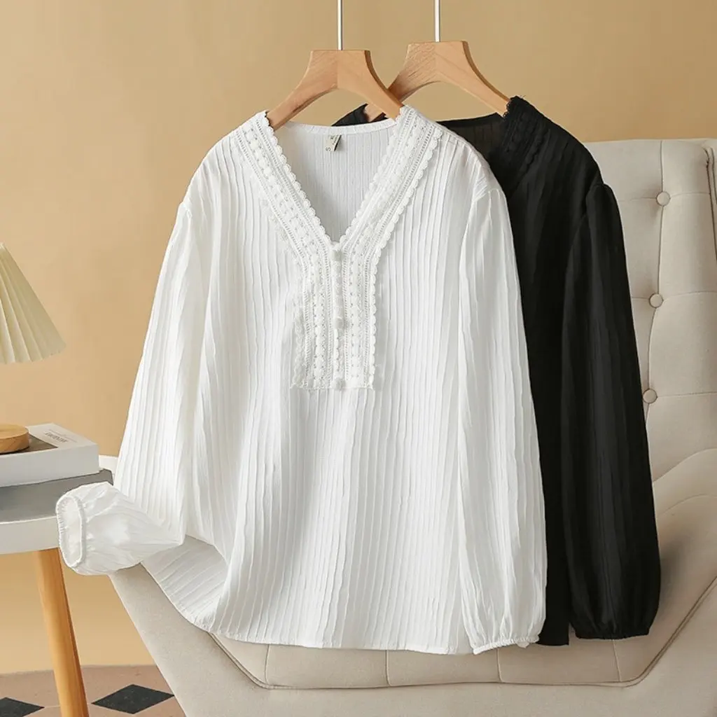 Chaqueta arrugada de Jacquard con cuello en V de encaje para mujer de talla grande, camiseta Joker con temperamento de largo plazo para otoño, moda de talla grande
