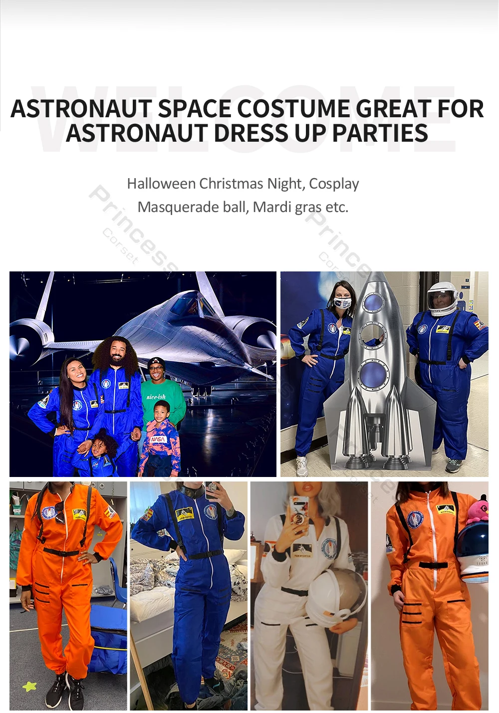 Astronauten-Kostüm für Erwachsene, für Damen und Herren, Fluganzug-Kostüm, Cosplay, Weltraum-Astronaut, blauer Ganzkörper-Overall mit Reißverschluss, Karneval – Detail 1