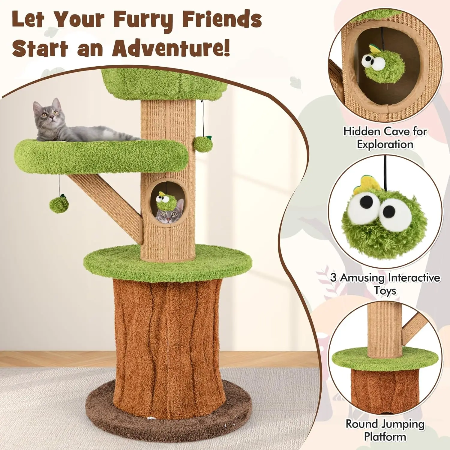 58 Inch Forest-Themed Cat Tree, Multi-Level Cat Tower with 2 Cute Condos, Plush Perch, Teasing Balls, Sisal Posts,, Customized - view 6