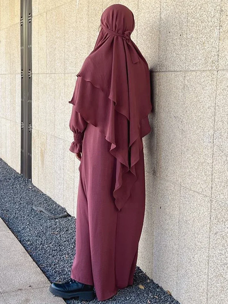 Jilbab Prayer Clothes Women Ramadan Islamic Jilbeb 2 Piece Set Dubai Turkish Modest Outfit Layered Khimar Scarf Hijab+Long Dress