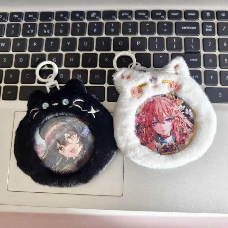 1 Piece Plush Cartoon Badge Holder Kpop Anime Characters Round Brooch Protector Kawaii Coin Cash Storage Bag Student Supplies