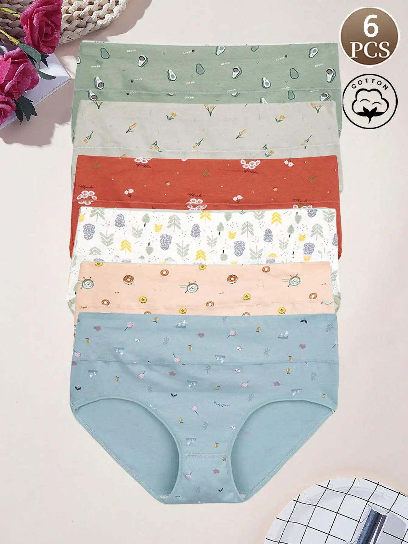 6 PCS women's pantieshigh waisted printed pattern underwear fabric cotton soft and comfortable panties suitable for daily life,
