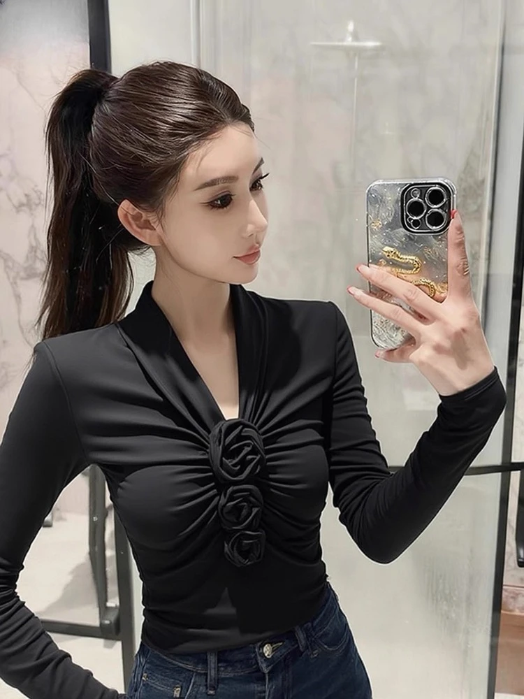 Three-dimensional Long Sleeve French Style Vintage T-shirt V Neck Slim Tshirt Sexy Spice Girls Pure Desire Vintage Mujer