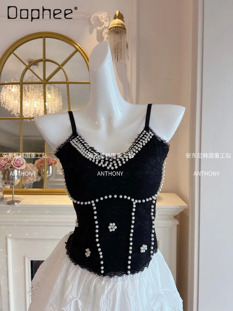 

Sexy Spice Girl Strapless Tube Top Women's High End Heavy Industry Beaded Rhinestone Lace Splicing Slim Suspender Top Crop Tops