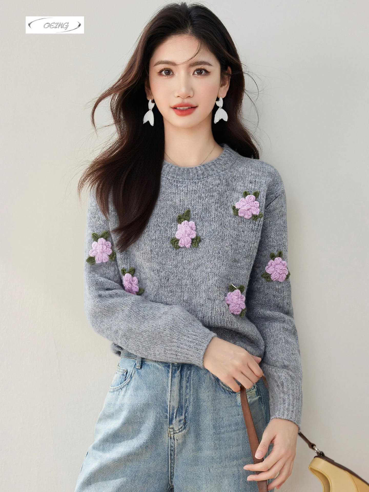 

Women Fashion O-neck Long Sleeve Flowers Gray Knitted Pullover Sweater Autumn Winter Thick Elegant Loose Tops Knitwear 9707