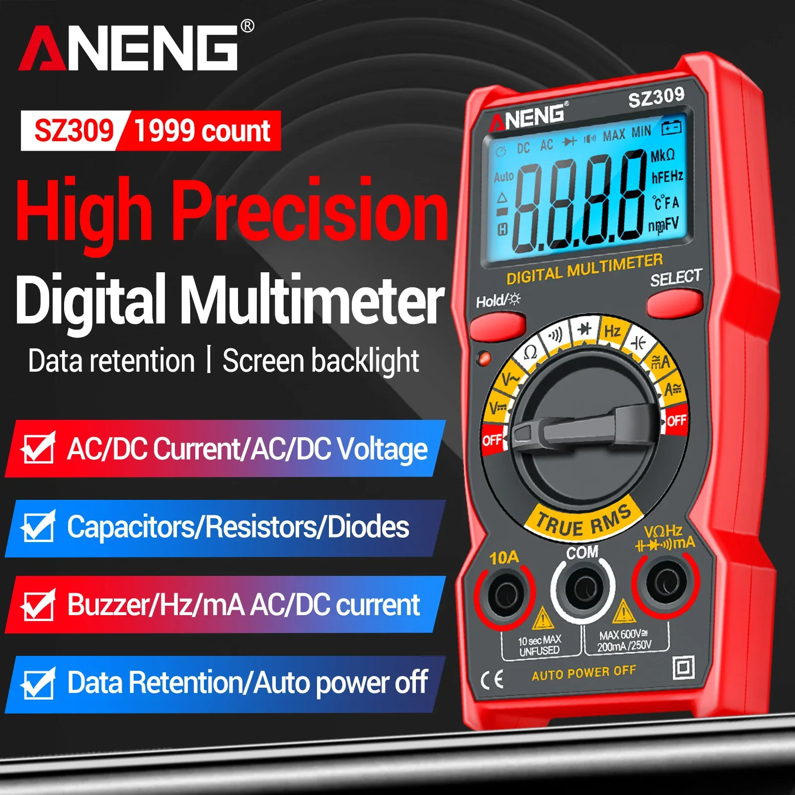 

ANENG SZ309 Multimeter 1999 Counting AC/DC Voltage Current Resistance Capacitor Frequency Fully Functional Measuring Instrument