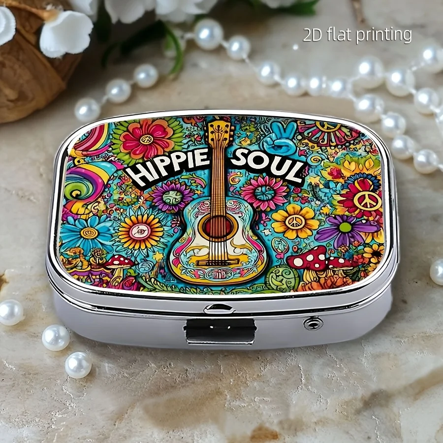 Una hermosa caja de pastillas metálica con forma de guitarra con 2 compartimentos, una caja de almacenamiento portátil del tamaño de un bolsillo que puede contener joyas, medicamentos, vitaminas, etc., es el regalo perfecto para familiares y amigos.