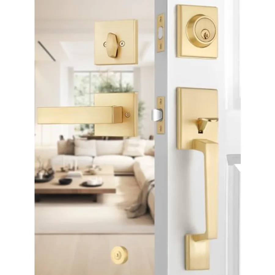 

Set Handle and Single Cylinder Deadbolt and Key, Brass Front Door Lock - Heavy Duty Square Locking Lever Set - Exterior Door Ha