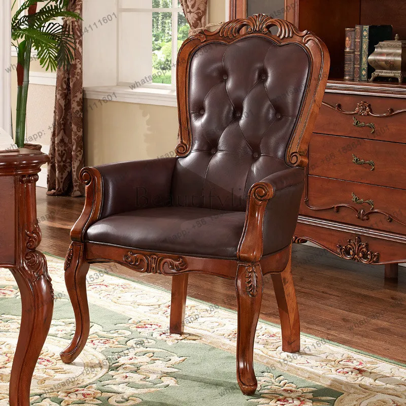 

American book chair solid wood leather European dining chair with armrests