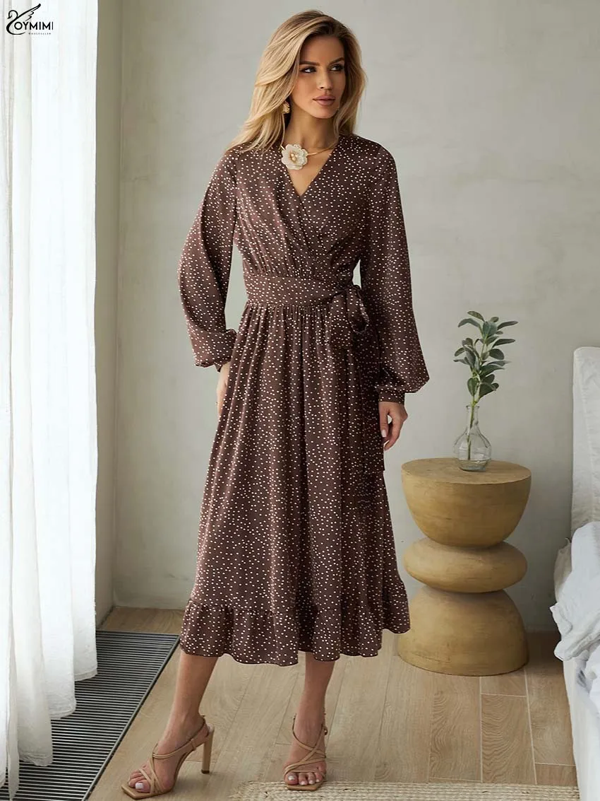 ชุดเดรสแฟชั่นลายพิมพ์สีน้ำตาลสำหรับผู้หญิง ดีไซน์หรูหรา ผ้าซาติน คอวี แขนยาว ทรงเอวสูง จับจีบระดับกลางน่อง เหมาะสำหรับฤดูใบไม้ร่วง