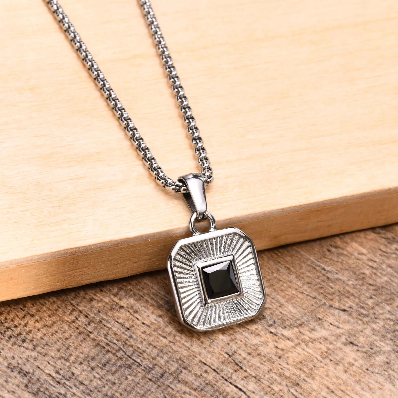 Men's Necklace, Black Geometric Square CZ Stone Embossing Radiation Sunburst Square Pendant, Stainless Steel Mens Jewelry