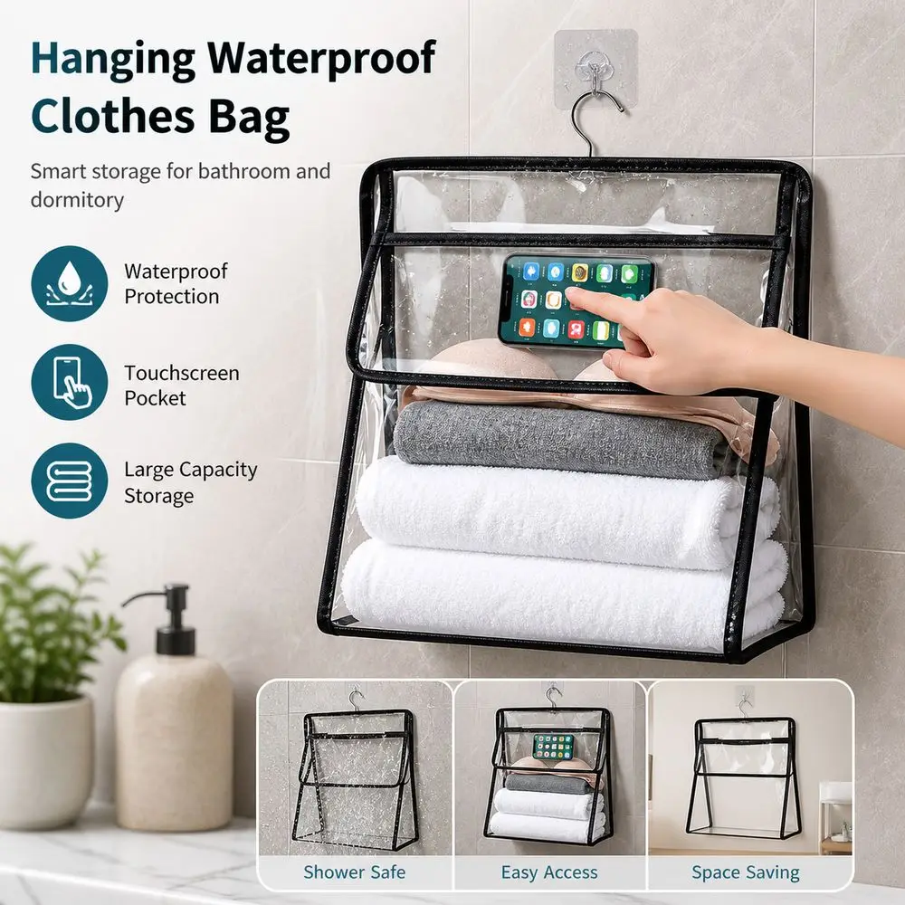 Waterproof Hanging Clothes Bag Transparent Large Capacity Garment Bag Touchscreen Phone Pocket Bathroom Storage Bag