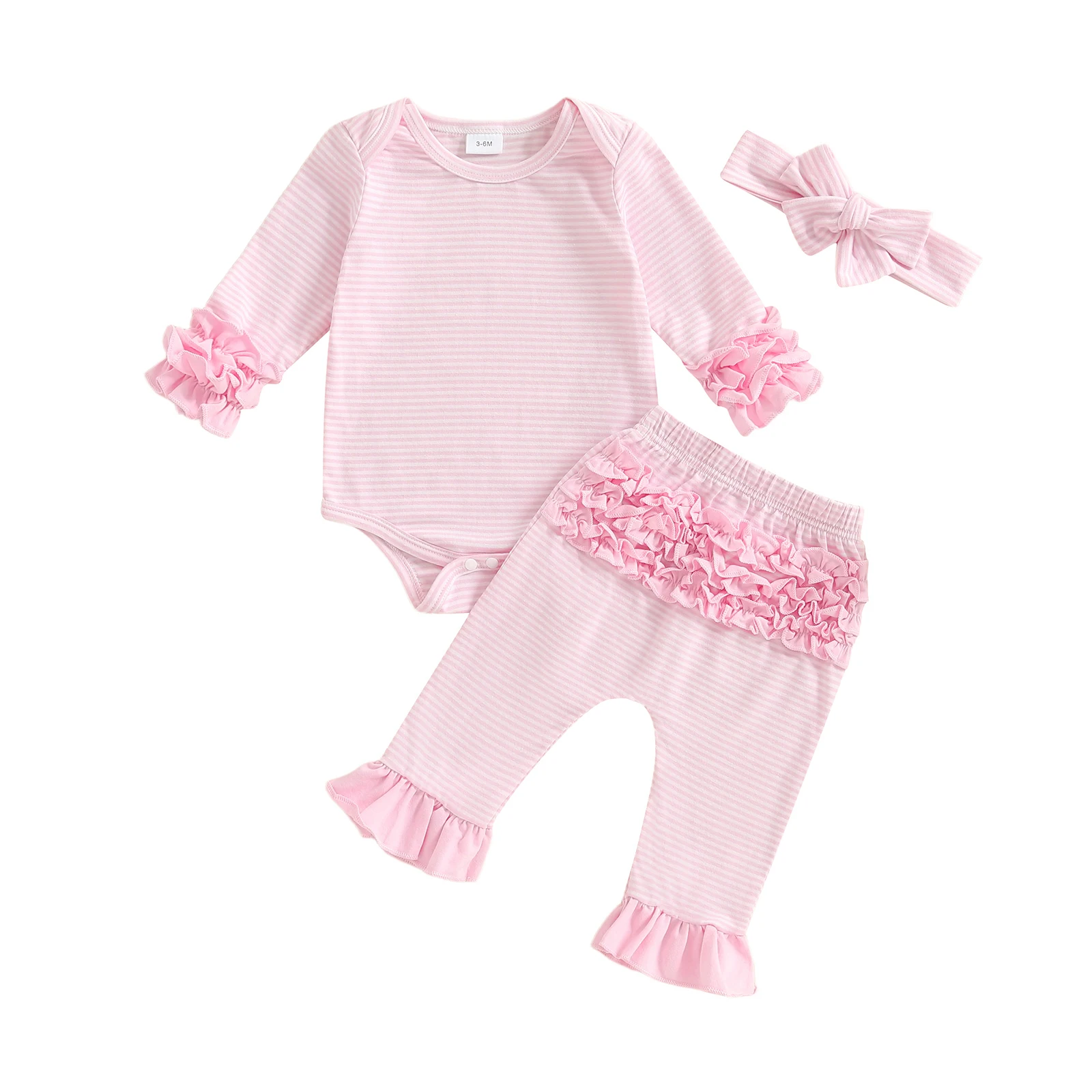

Baby Girls Fall Outfit Ruffles Striped Print Long Sleeves Romper and Elastic Pants Headband Set Cute Clothes