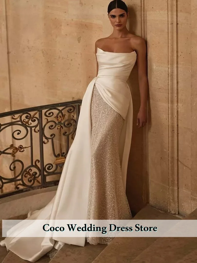 Customized Elegant Wedding Dress Off Shoulder Sparkly Backless Slit Mermaid Bride Gowns Bride Party Dresses vestidos de novia