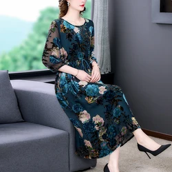 2023 Autumn New Blue Silk Velvet Flocking Print Long Sleeve Dress O-Neck Print Loose Size Waist Slim Knee Length Dress Robe