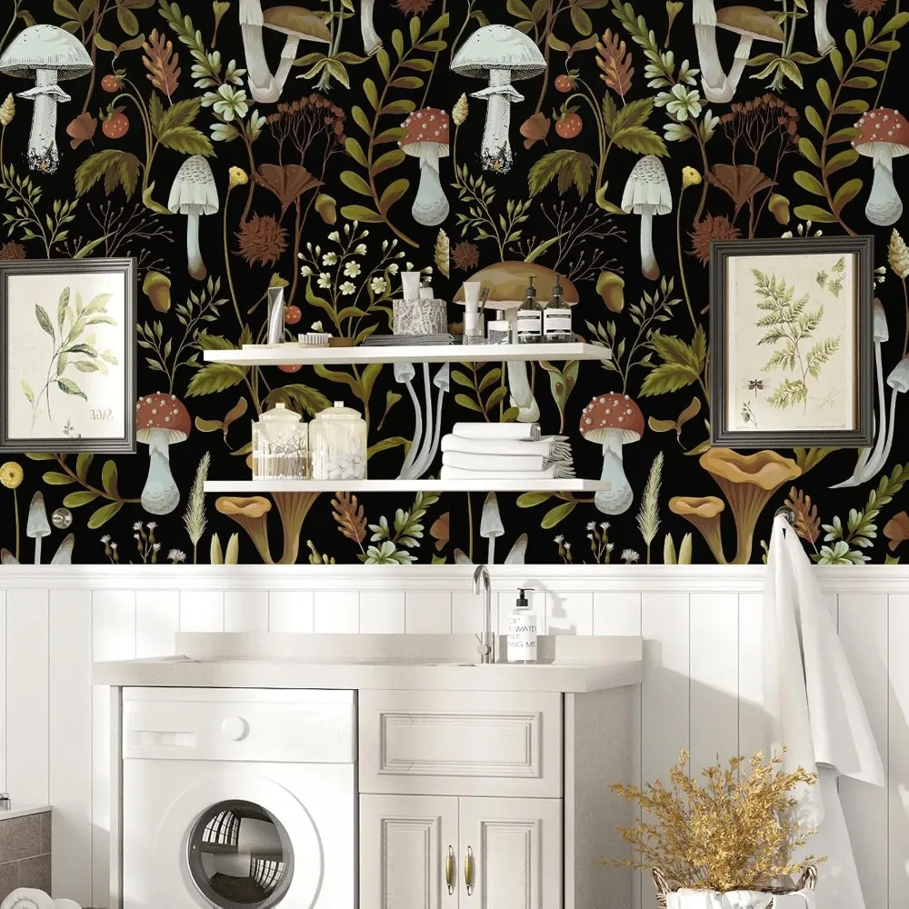 Papel de parede de vinil com padrão de cogumelo boêmio floral – autoadesivo removível para banheiro e quarto, 17,3 x 9 polegadas
