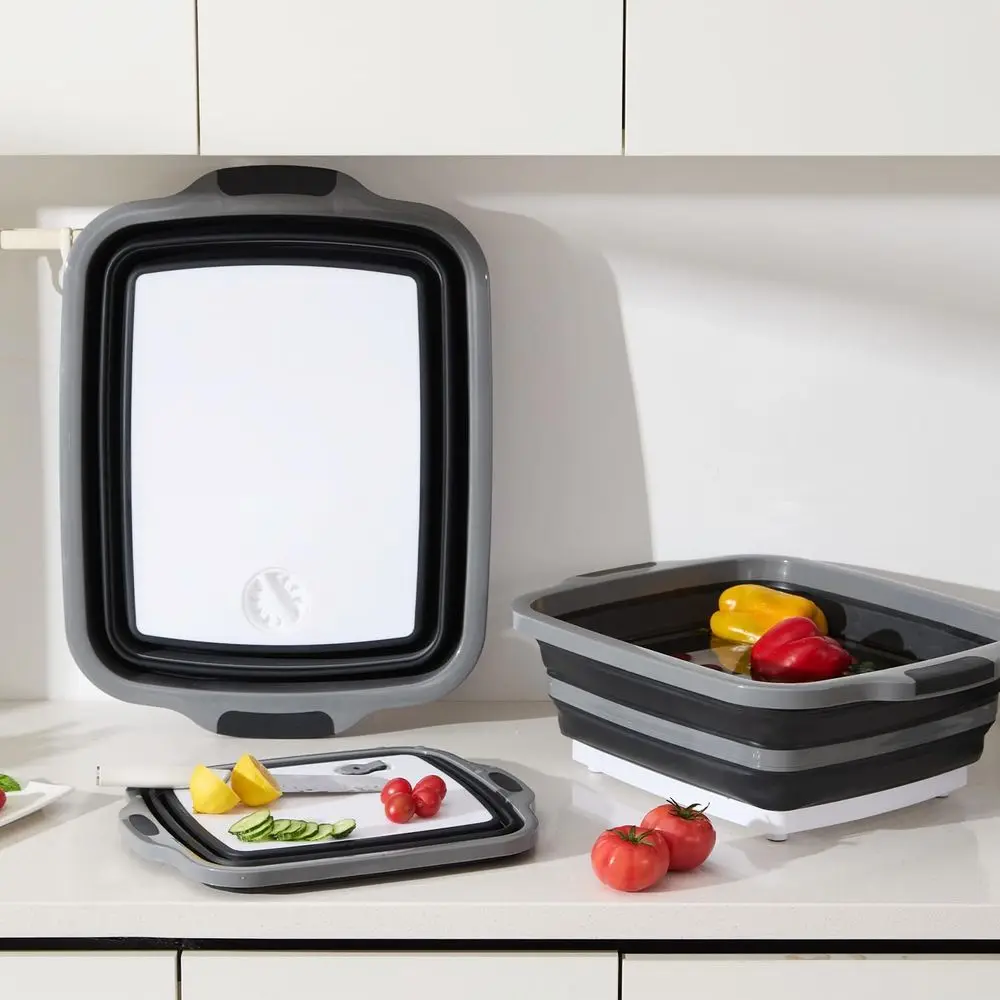 Conjunto de banheiras dobráveis para preparação de churrasco - 3 tamanhos com tampas e tábua de corte para armazenamento de alimentos, marinar e uso ao ar livre