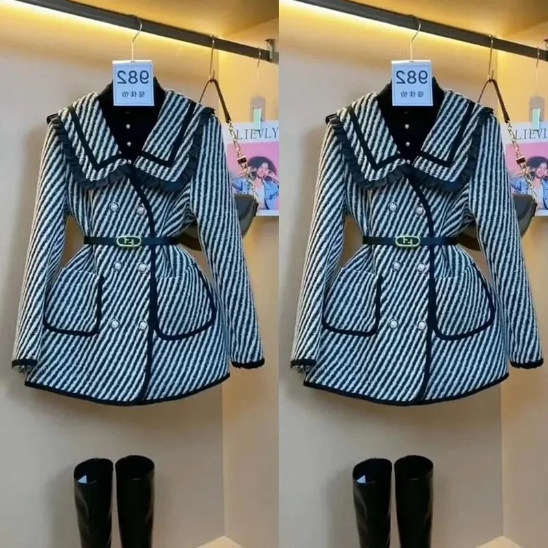 Double-Breasted Small Fragrance Woolen Coat Women 2023 Winter New Niche Explosions Retro Age-Reducing Plaid Woolen Jacket Tide