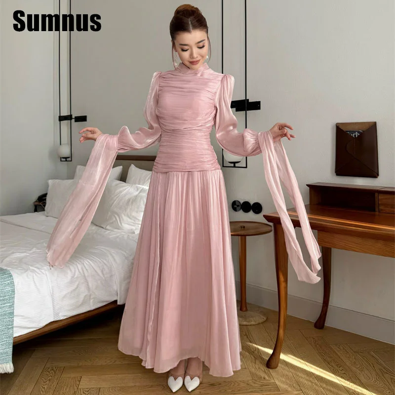

Sumnus Formal A-Line Pink Evening Dresses Long Sleeves Pleats Ankle Length Formal Occasion Gown فساتين سهرة Customized