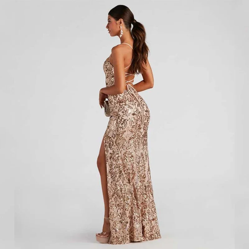 NBFENFA Sexy Backless Strap Sequin Long Evening Party Prom Dresses for Women Summer 2024 Slit Formal Occasion Dress Vestidos