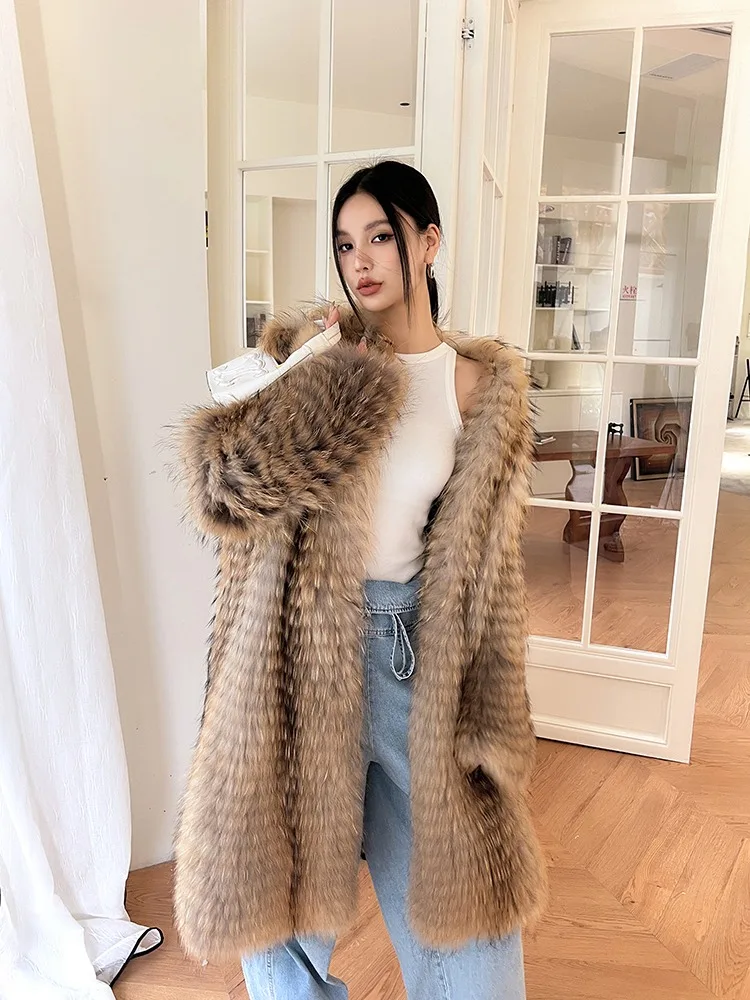 Luxury Clothes Winter New Imported Raccoon Fur Coat Women's V-Neck Natural Fluffy Fur Jacket Ladies Fashion Streetwear