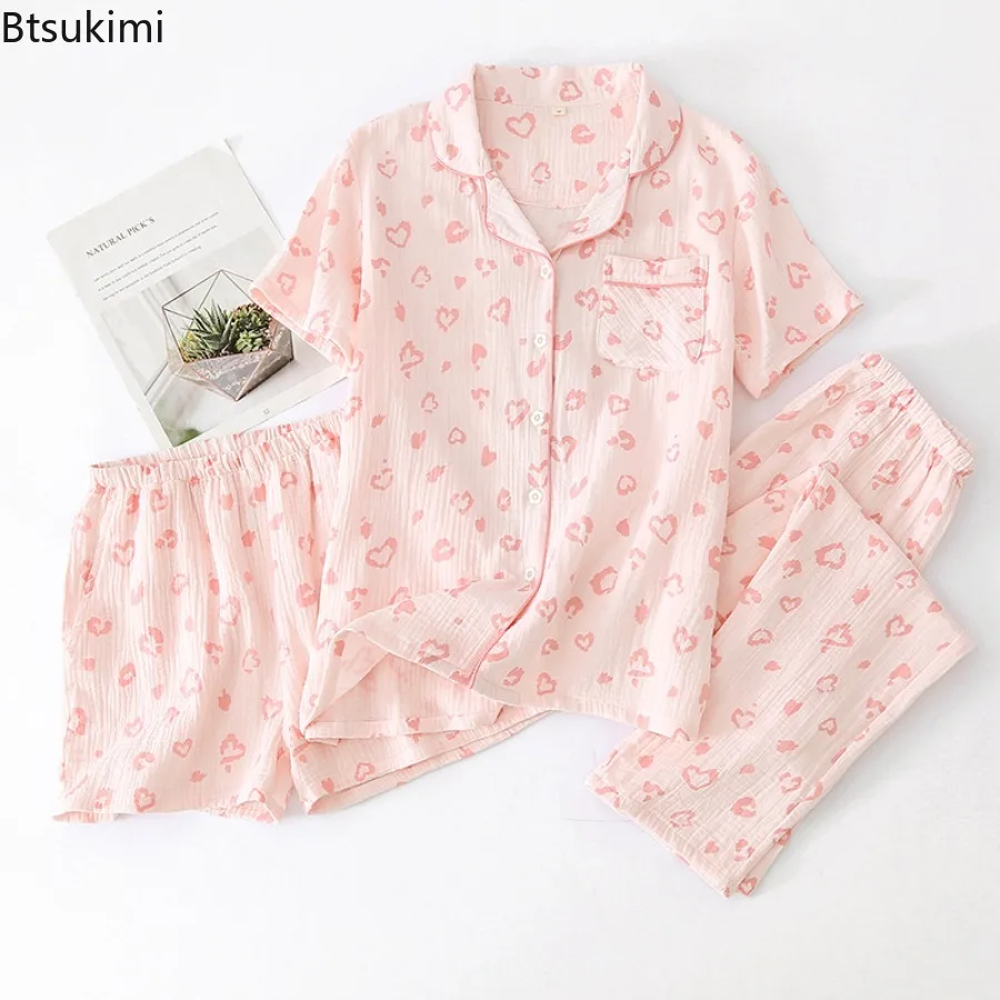 

Women's Summer Pajamas 3 Pieces Set 100% Cotton Female Sleepwear Pajamas Sets Short Sleeved Long Pants and Shorts Suit Female