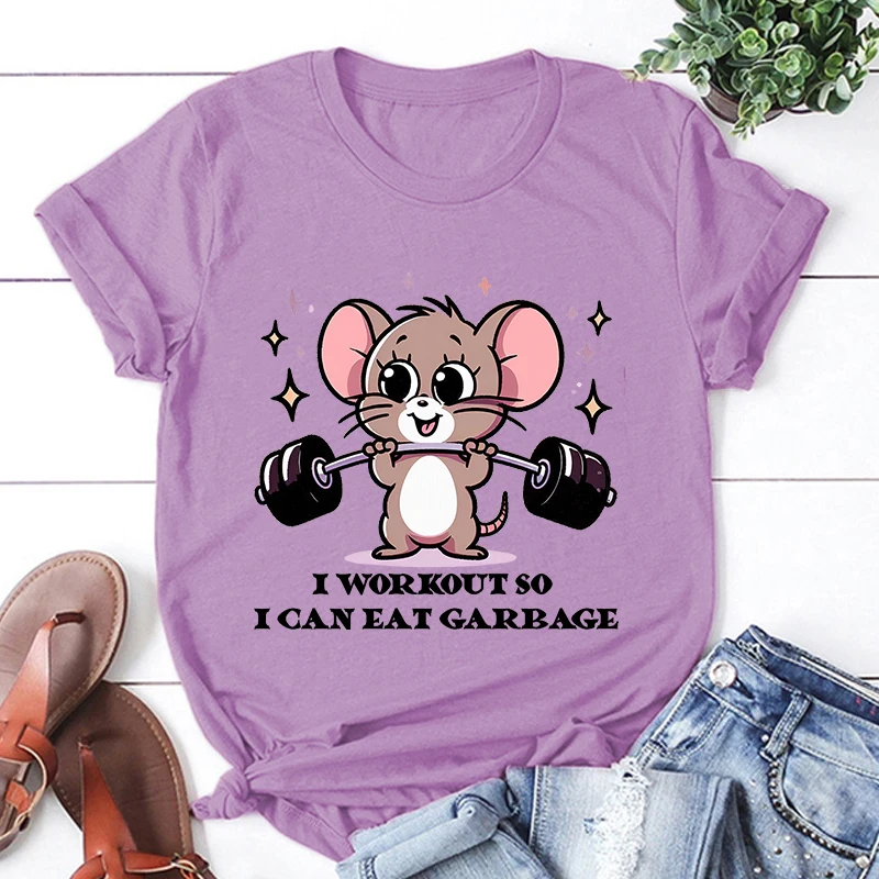 Hot Mouse I Workout So I Can Eat Garbage Printed T Shirts Unisex Casual Tops Summer Short Sleeve Harajuku Women T Shirts