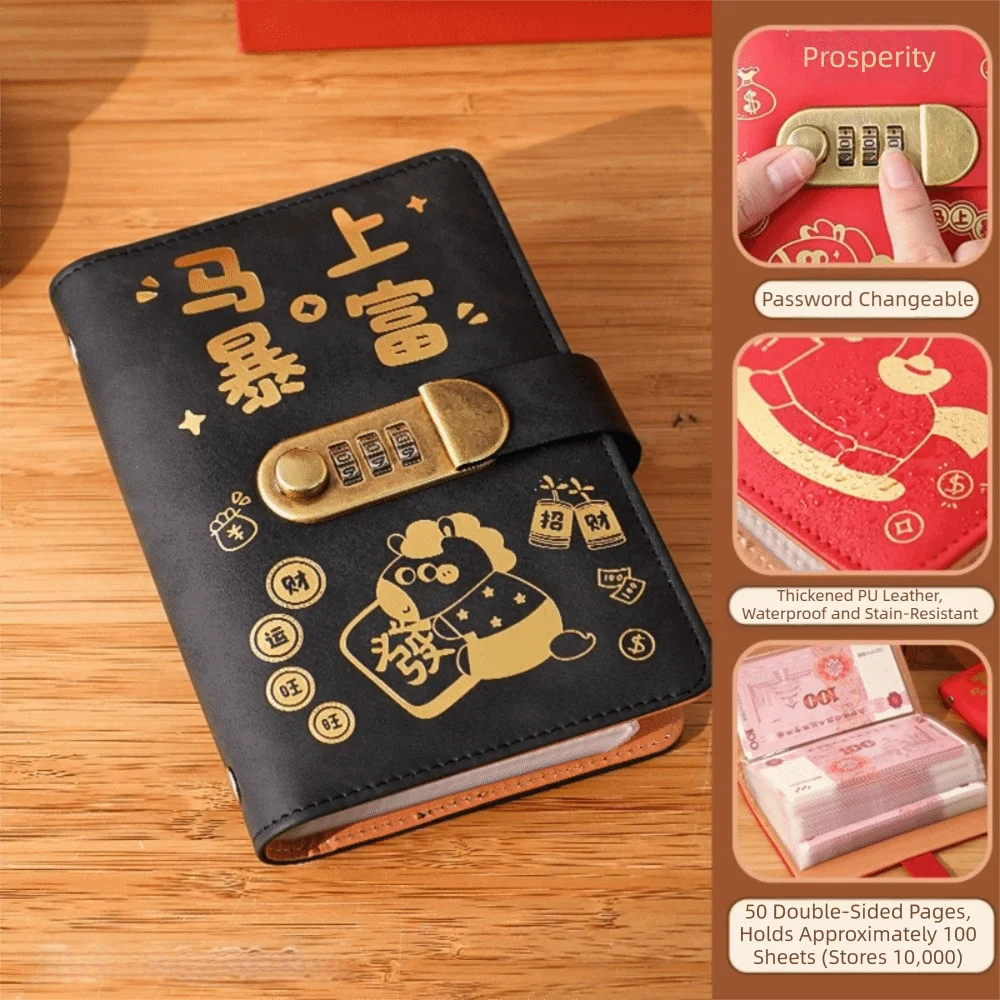 

100 Envelopes Money Saving Challenge New Year Horse Waterproof Binder Savings Challenges Book With Password Lock PU