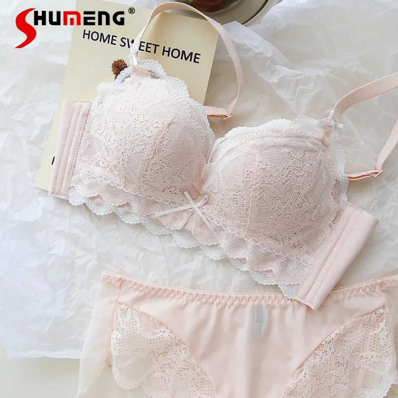 

Romantic French Lace Girl Underwear Set Women Wireless Small Chest Push Up Brief Suits Female Wireless Sexy Bra Outfits