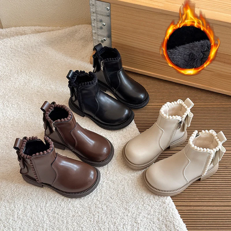 Little Girls Cute Bow Decor Ankle Boots Toddler Kids Winter Thick Warm Side Zipper Booties Non-Slip Soft Rubber Sole Boots