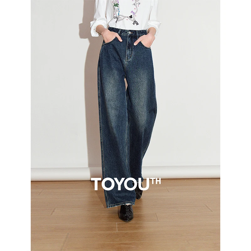 

TOYOUTH Women Denim Jeans 2025 Spring New Stone Washed Mid Waist Retro High Street Straight Wide Leg Pants