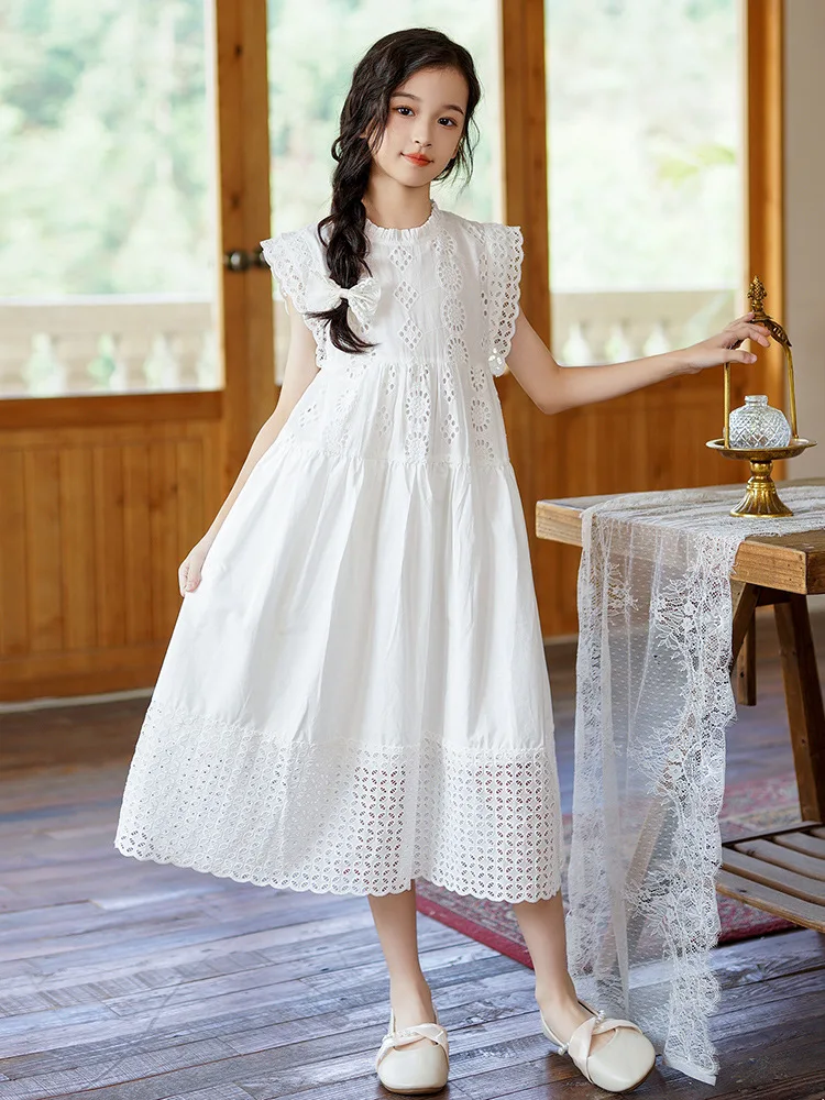 2026 Kid Girl Dress Princess Costume White Hollow Out Lace Dress Casual Baby Girls Clothes Fashion Summer Party Wedding Dresses