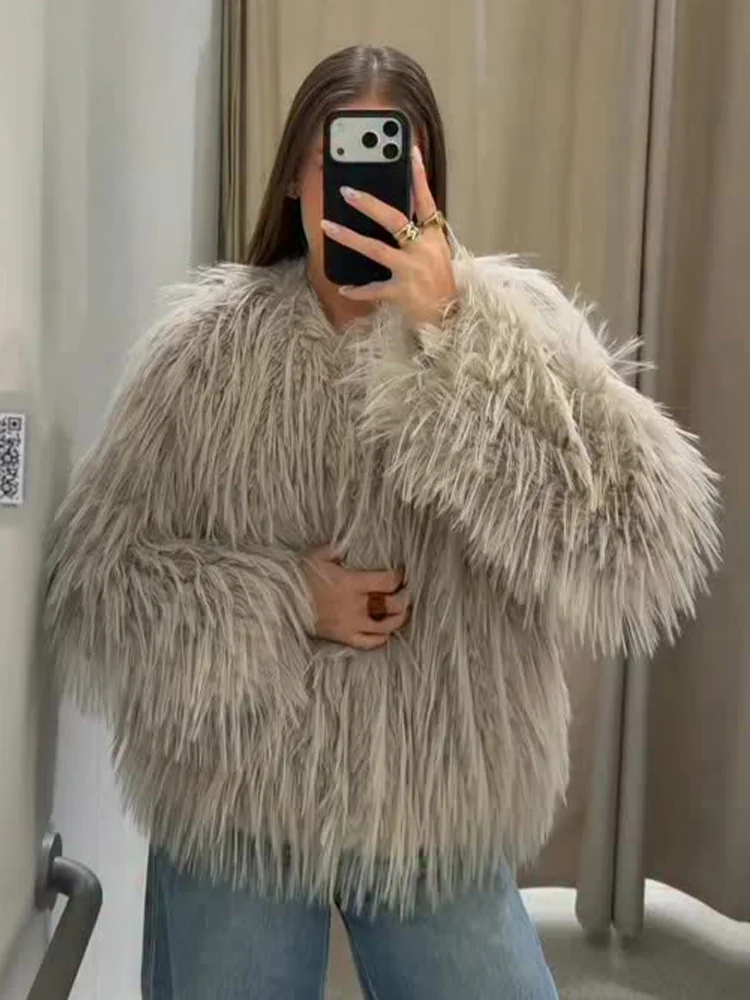 

HH Women Fashion Solid O-Neck Long Sleeve Natural Imitation Fur Coat Female Winter Warm Loose Outwear Casual Pockets Jacket