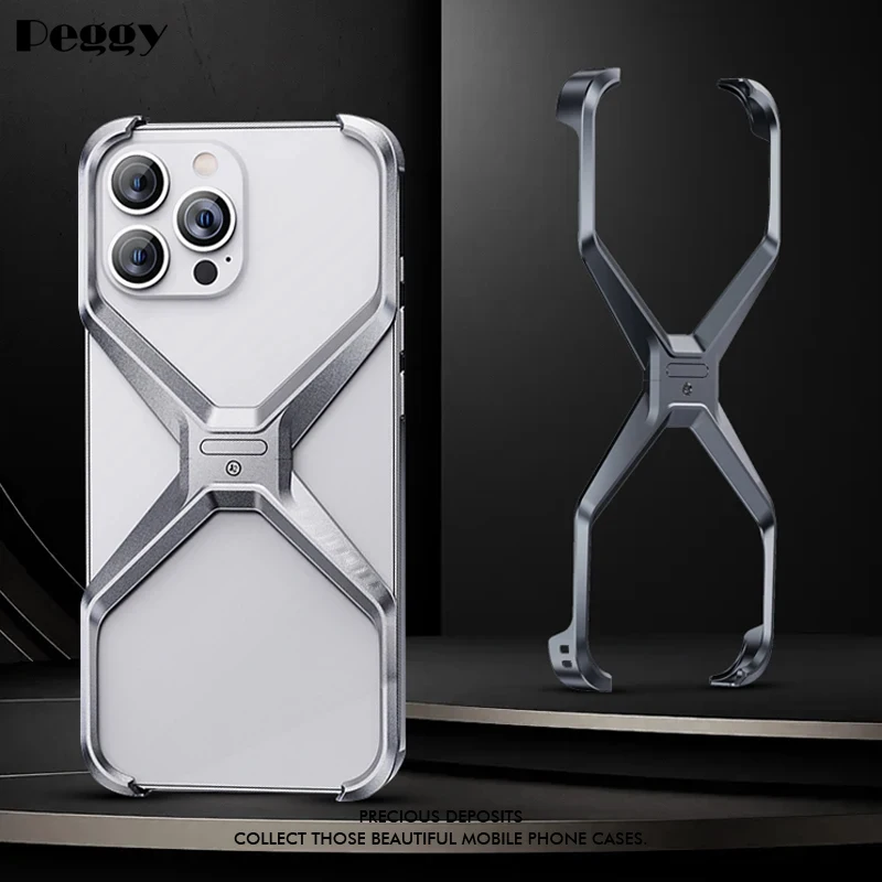 

Aluminum Alloy Rimless X Type Phone Case For iPhone 14 15 Pro Max Metal Heat Dissipation Removable Armor Shockproof Cover Funda