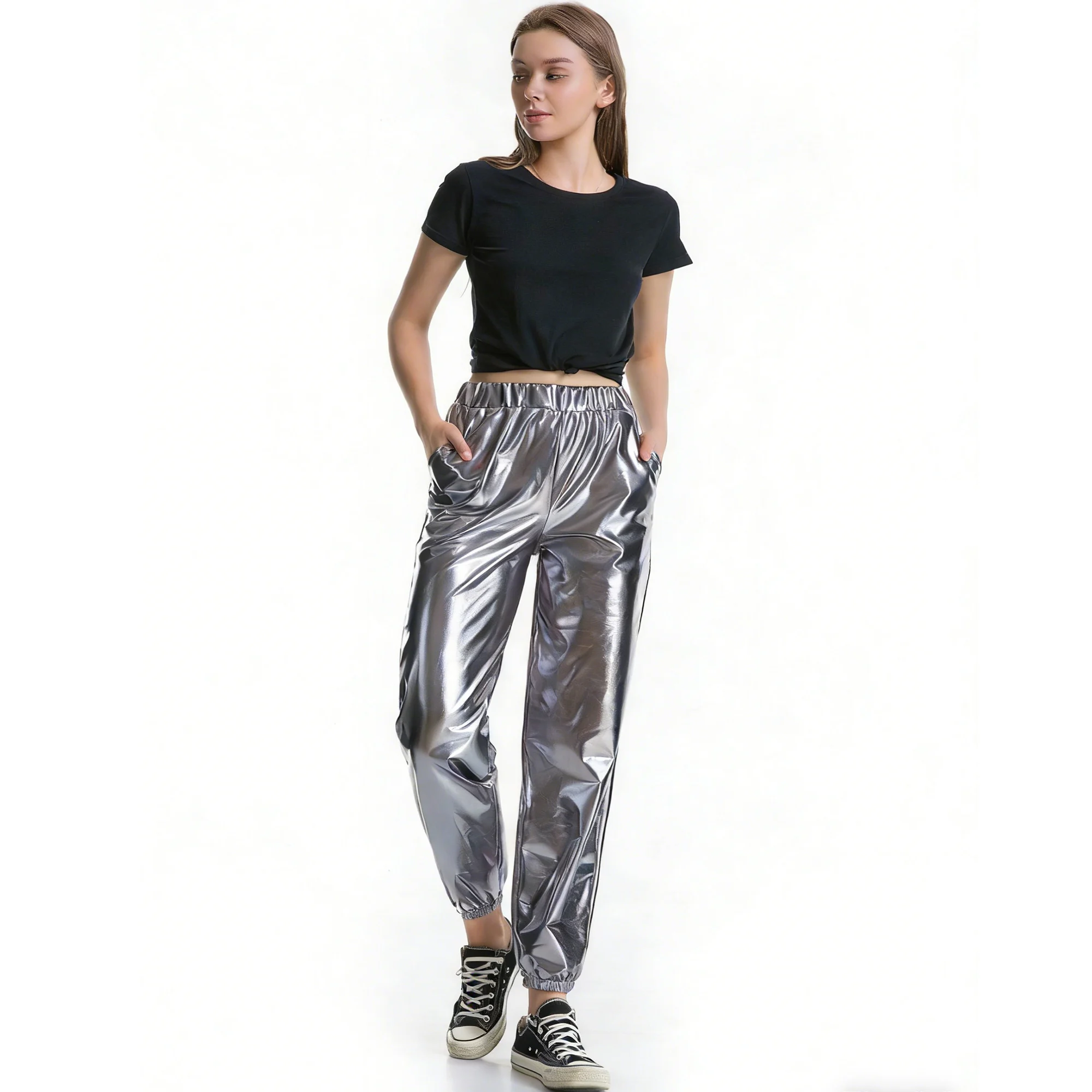 Glittery Women Jogger Pants Laser Loose Women's Trousers Street Hip-Hop Party Sparkly Long Pants Drawstring Ankle Clothes