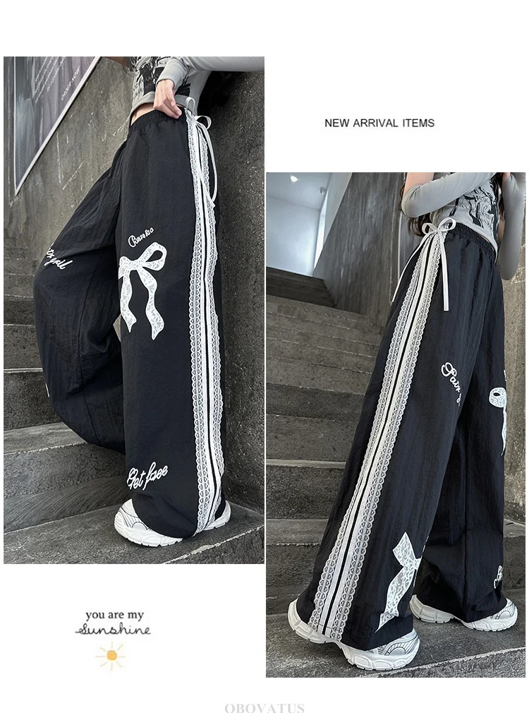 Schwarze Freizeithose für Kinder mit Spitzenschleife für Mädchen, Frühlingsmode, Spitzenhose, lockere Freizeithose mit weitem Bein, Streetwear – Detail 5