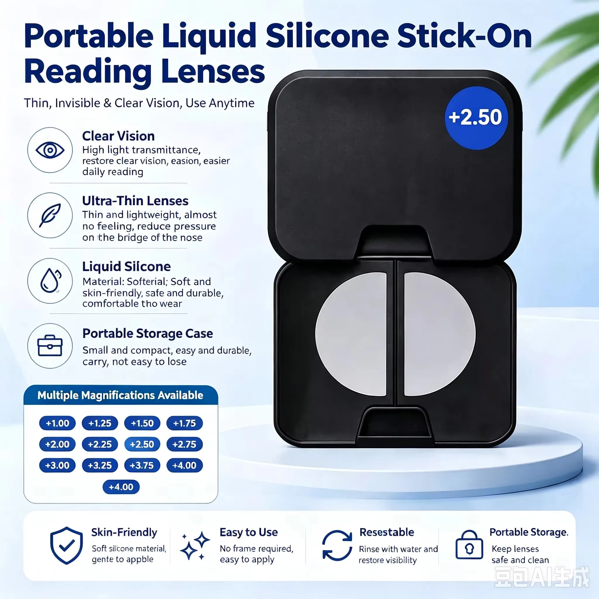 Liquid Silicone Bifocal Reading Glasses Lens Stick-on Lenses Unisex Portable Reusable Compact Lenses +1.25 To +3.0