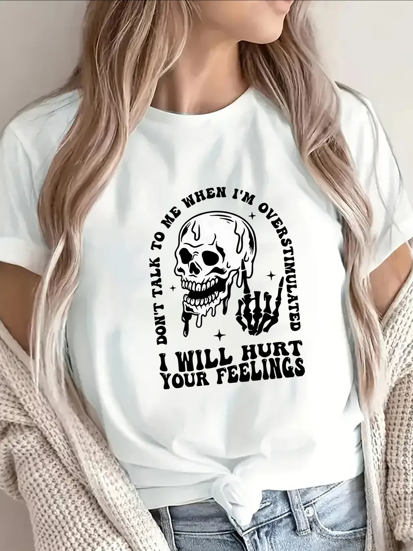 Short Sleeve T-Shirt with Skull Graphic Funny Quote Don'T Talk To Me When I'M Overstimulated I Will Hurt Your Feelings