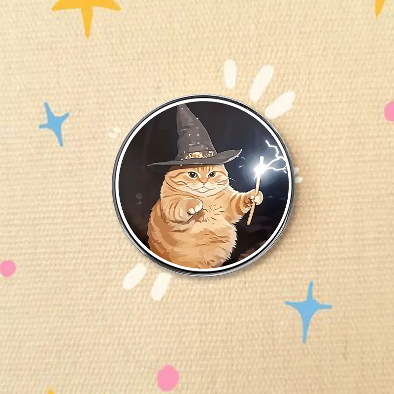 Wizard Chubby Orange Cat UV Printing Badge Magic Witch Hat Lightning Wand Pin Fantasy Animal Metal Brooch Lapel Gift For Friends