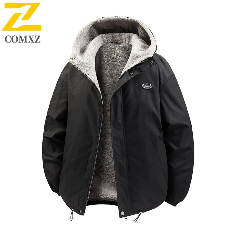 COMXZ 2025 Mens Winter Sherpa Fleece Lined Hooded Jacket American Style Fashion Casual Workwear Outdoor Sports Windproof Coat