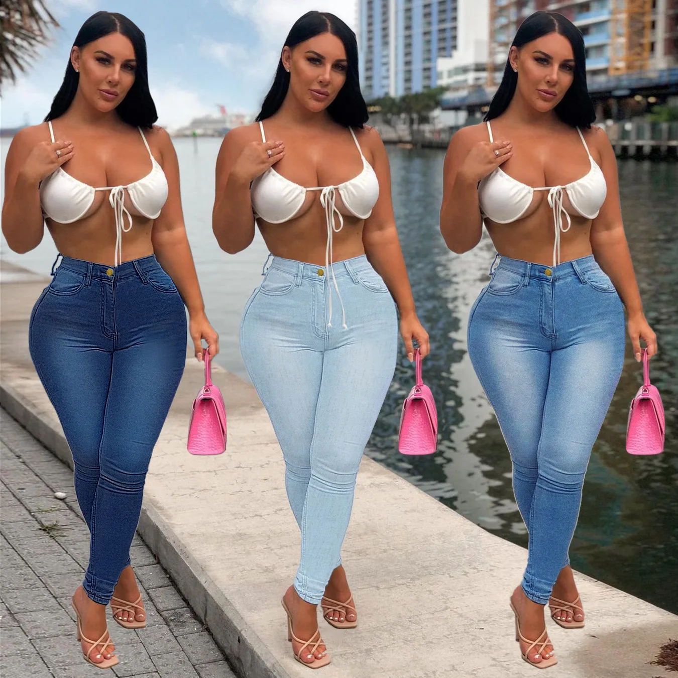 بنطلون جينز نسائي ضيق موديل 2026 بخصر عالي وجيوب ممزقة وغسيل باهت بطول الكاحل ملابس الشارع