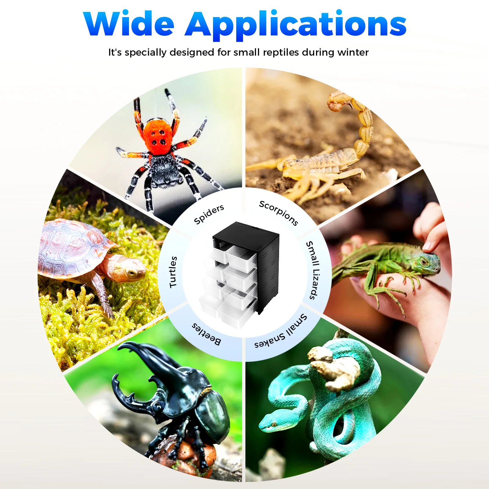 خزانة تربية الزواحف والبرمائية مكونة من 8 طبقات، ووسادة تسخين 25 وات وتهوية كاملة، ونظام تررم للعناكب والسحالي والثعابين